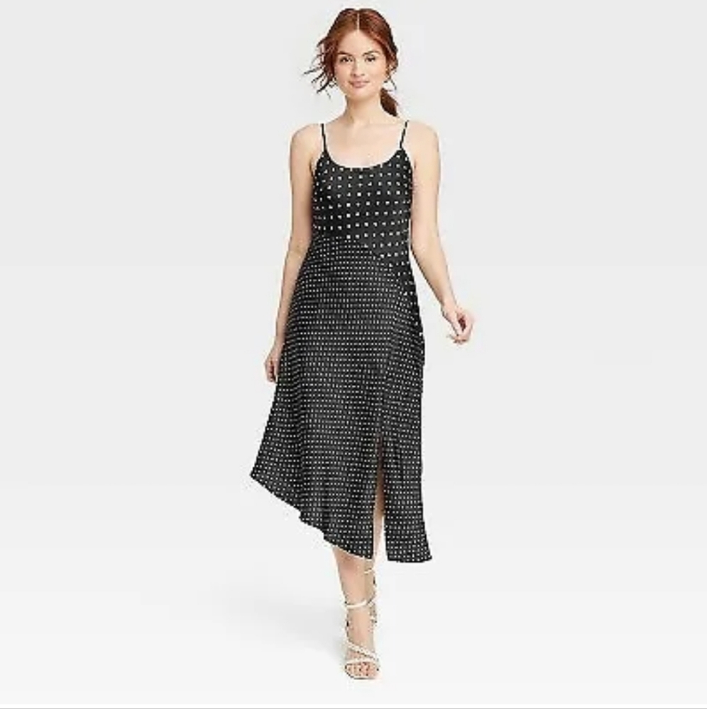 Women's Midi Slip Dress - A New Day Black Polka Dots L
